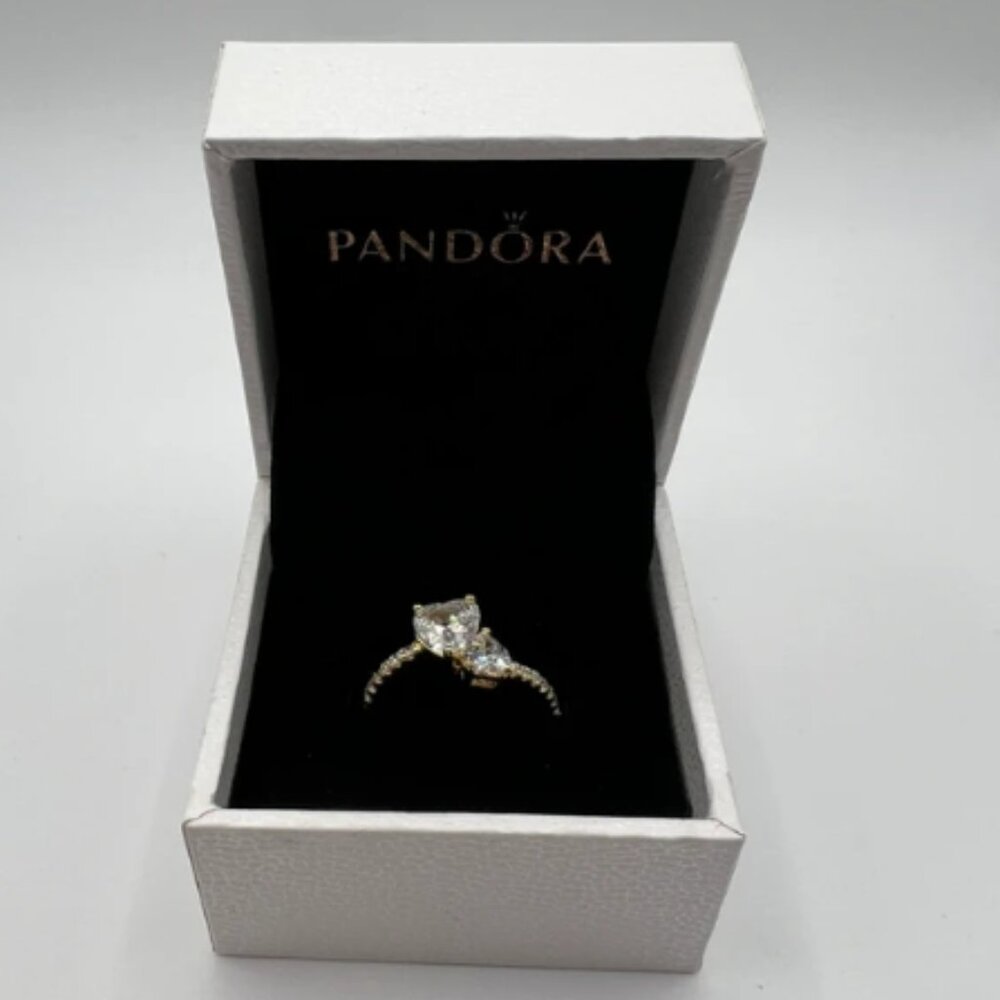 Pandora Double Heart Sparkling Ring Gold